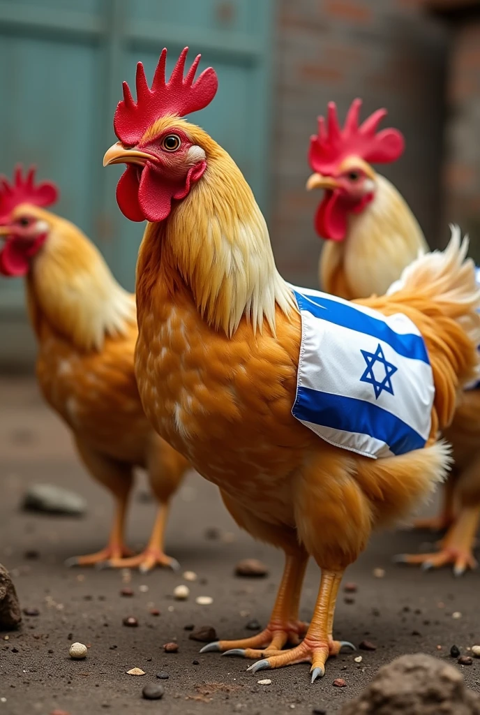 Generate a photo of Israeli flagged chickens getting attacked by Hezbollah bombs