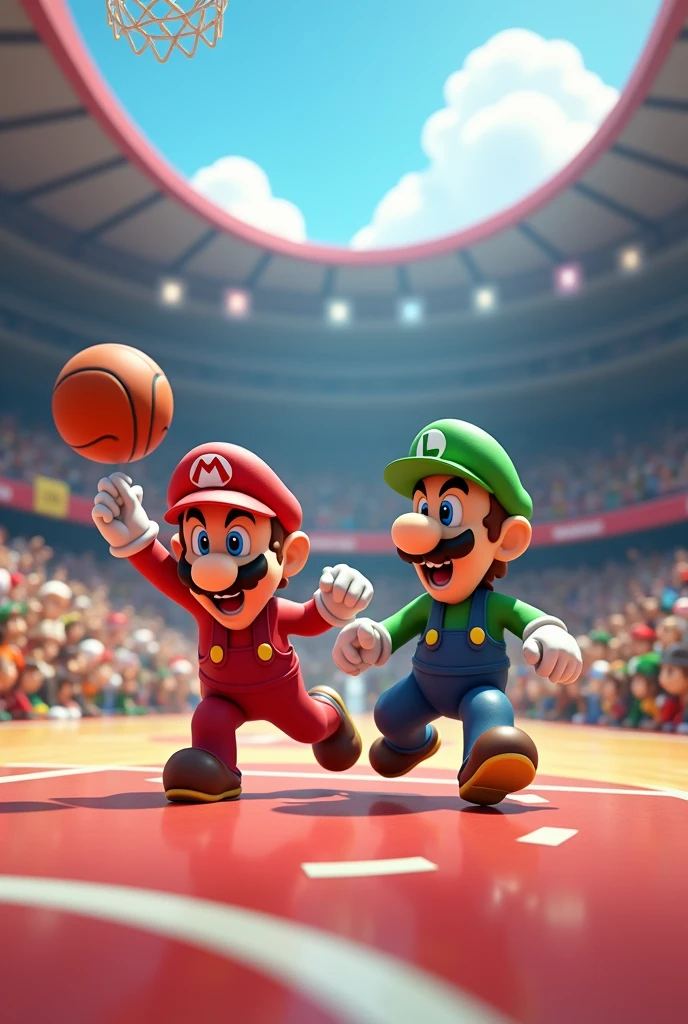 Mario and Luigi playing basketball Mario and Luigi playing basketball in a stadium full of people