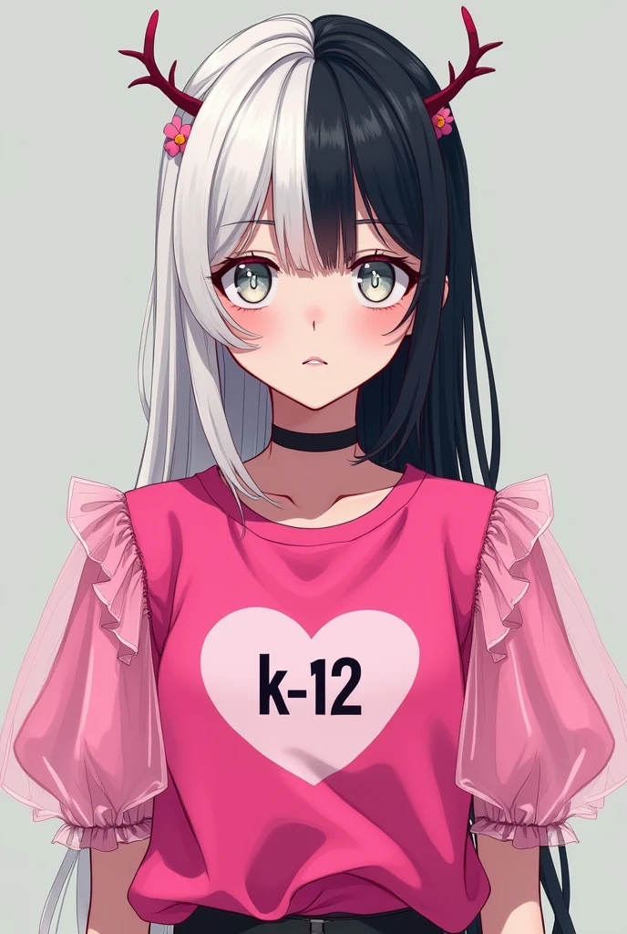 A Skin Man:Clear Eyes:brown Style:anime body:thin and tall Hair:split in half one side white and the other side black Clothes:a hot pink shirt with puff sleeves made of light pink tulle, a heart in the middle of the shirt with the writing "K- 12"