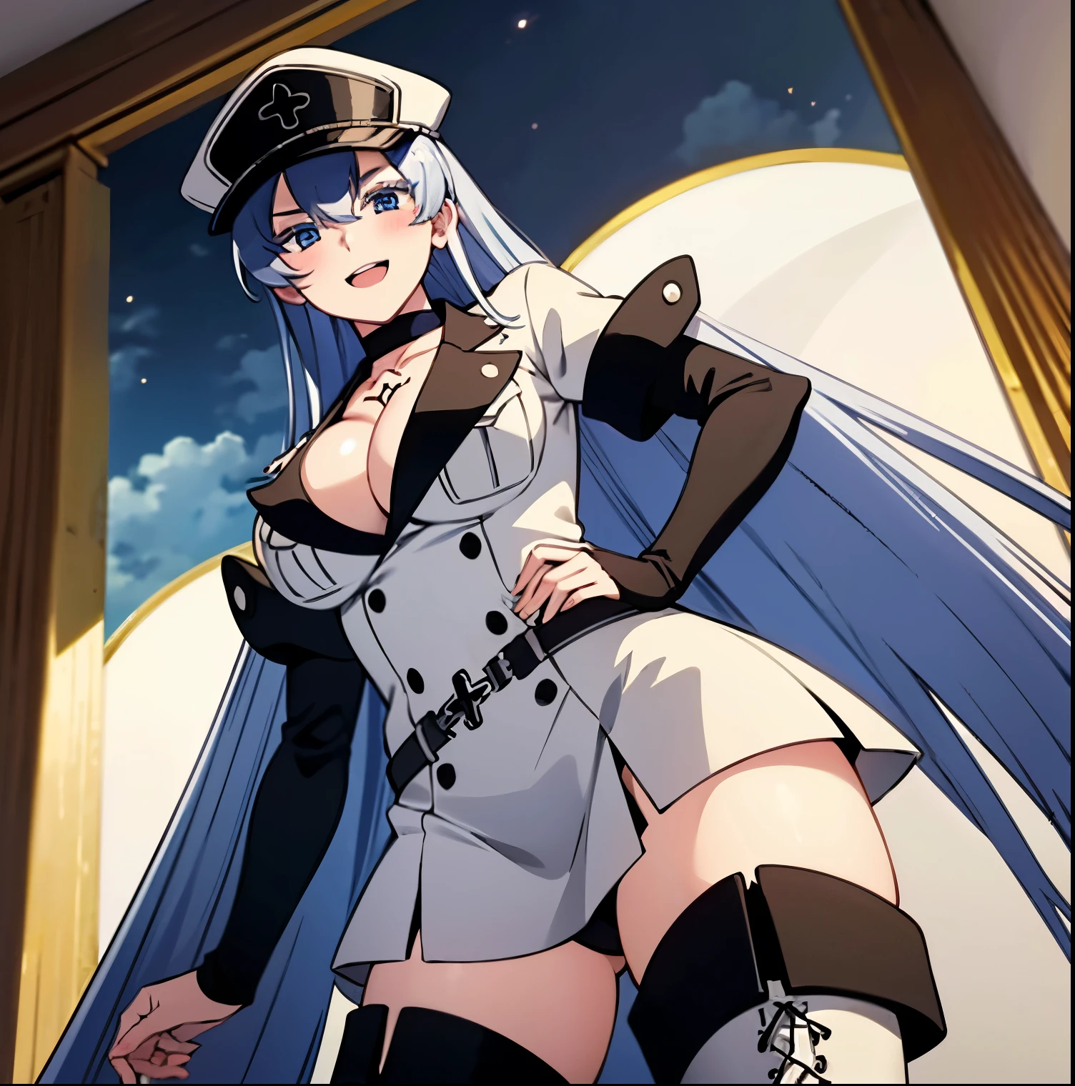 ((1girl)),((single)), esdeath,(masterpiece), (best quality), (ultra detailed), (best illustration), (best shadow), (absurdities), sharp focus, cowboy photo, looking at viewer, big breasts, narrow waist, wide hips, medium thighs, round butt, dynamic posture, mature woman, thigh high boots, white boots, long hair, blue hair, blue eyes, thighs, alone, very long hair, cleavage , chest tattoo, white boots, big breasts, military uniform, white uniform, cap with white visor, military cap, uniform, choker, zettai ryouiki, cloud, white thighs, white skin, smile, seductive smile, closed mouth, ( sexy pose: 1.2), ((solo)), standing: 1.3, indoor, castle, window, night, medieval landscape, looking forward ((focus on thighs)), point of view (from below), red blush , perfect anatomy, perfect hands