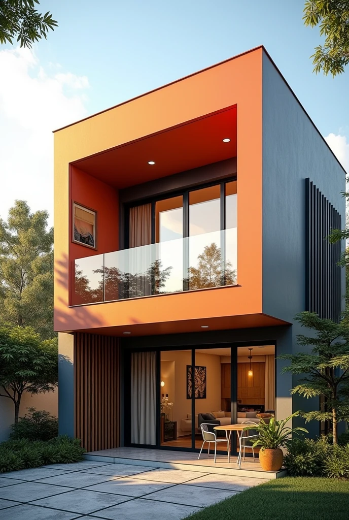 duplex moderne avec un seul etage construit sur 10m de large . avec un balcon et une façade avec des disingne realiste. avec de belle couleur . avec le soleil a midi