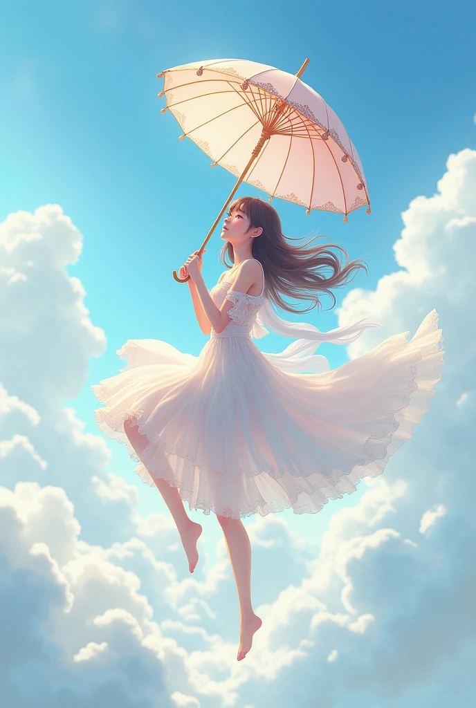 A anime girl floating in the sky holding a umbrella