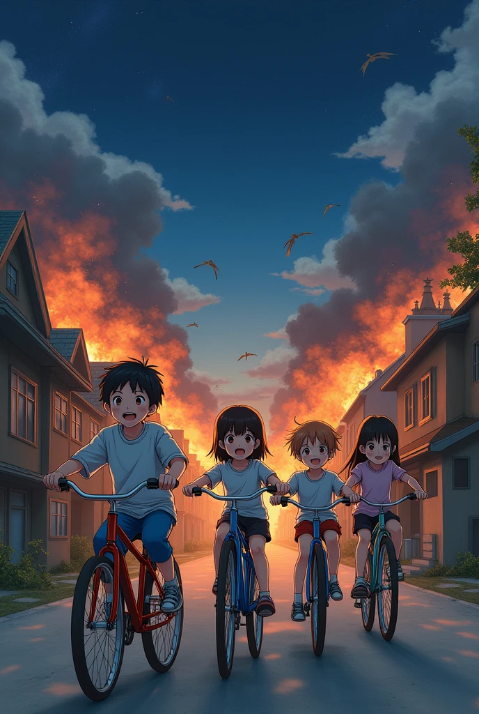 3 boys and 2 girls are on bikes,They are happy and smiling in the background it is war with houses on fire , bombing and soldiers running villagers are crying and running ,  il fais nuit style anime un peu réaliste 
