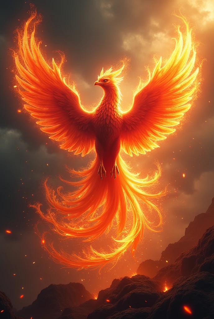 A majestic phoenix rises from smoldering ashes in a blaze of fiery reds, oranges, and golds. Flames dance around the bird's outstretched wings and fiery plumage, forming intricate patterns and shapes that symbolize rebirth and life's cyclical nature. Against a dark, stormy sky, the vibrant hues of the phoenix stand in stark contrast, as if illuminating the darkness with hope and renewal.