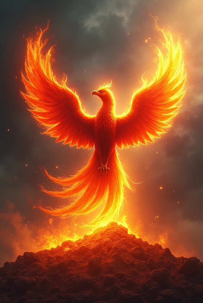 A majestic phoenix rises from smoldering ashes in a blaze of fiery reds, oranges, and golds. Flames dance around the bird's outstretched wings and fiery plumage, forming intricate patterns and shapes that symbolize rebirth and life's cyclical nature. Against a dark, stormy sky, the vibrant hues of the phoenix stand in stark contrast, as if illuminating the darkness with hope and renewal.