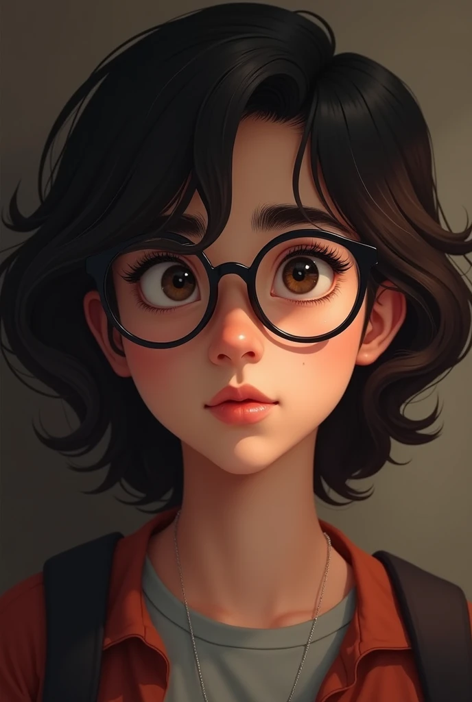 Draw a picture of a ager with medium dark brown wavy hair, from the shoulder up, with round black glasses
