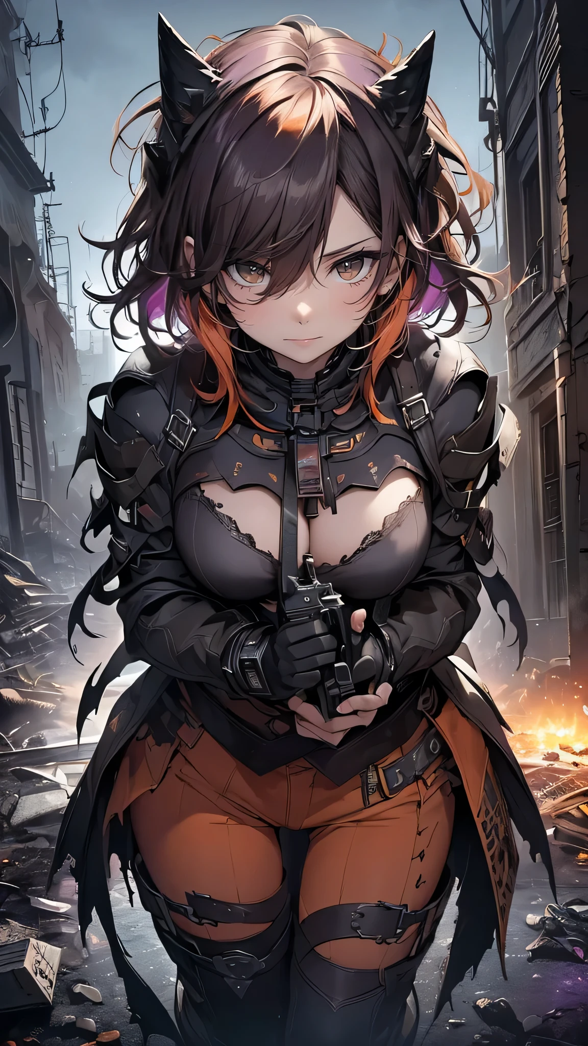 dark and torn, ung beautiful muscular body, fierce expression, holding a gun, (colors in your clothes, warm, orange, yellow, violet:1.3), standing in a desolate wasteland, dramatic lighting, intense shadows, sandy texture, tall contrast, vibrant colors, dynamic pose, powerful posture, rough background, explosive atmosphere, dystopian theme, surreal elements, digitally painted illustration, high definition resolution, intricate details, dramatic composition, avant-garde and chaotic brushstrokes, Gothic style, intense emotions, epic scale, raw and gritty feeling, Captivating and provocative works of art.., (at night, darkness:1.5)