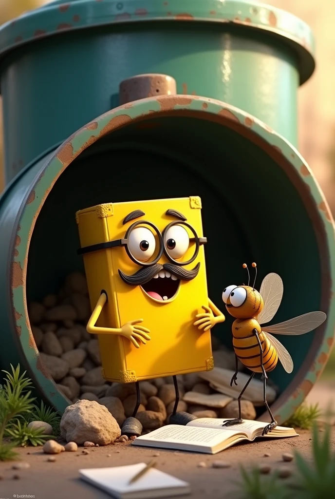 Create a pixar style image of a yellow book with glasses eyes mustache mouth that is desperate listing things with its fingers while talking to a pixar style fly, with a garbage can interior background