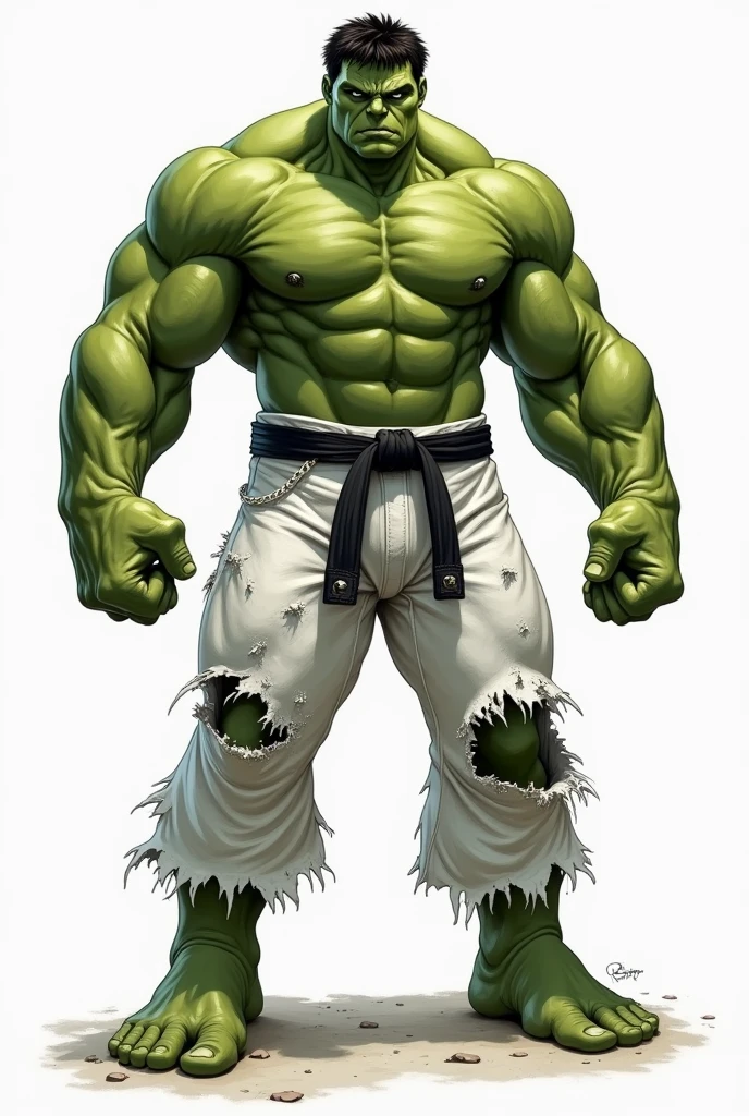 HULK WITH THE GREEN BODY, dressed in a WHITE torn Jiu Jitsu GIMON , LONG ARMS SLEEVES RIPPED , long pants, black Belt, GIANT MUSCULAR, fully body, drawing style, logotype