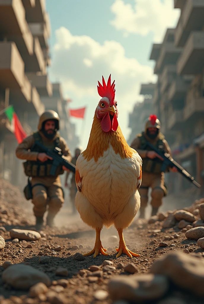 Generate a photo of Israeli flagged chickens getting attacked by Hezbollah in revenge for the high commanders killing