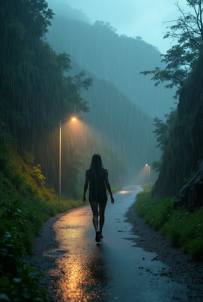 standing alone, big fit ass_stretch, holding umbrella,leaf on head, tree, (under tree:1.3), bus stop, Roadside, chuva pesada, (raining:1.2), (overcast day:1.3), (grey sky:1.3), velues,
