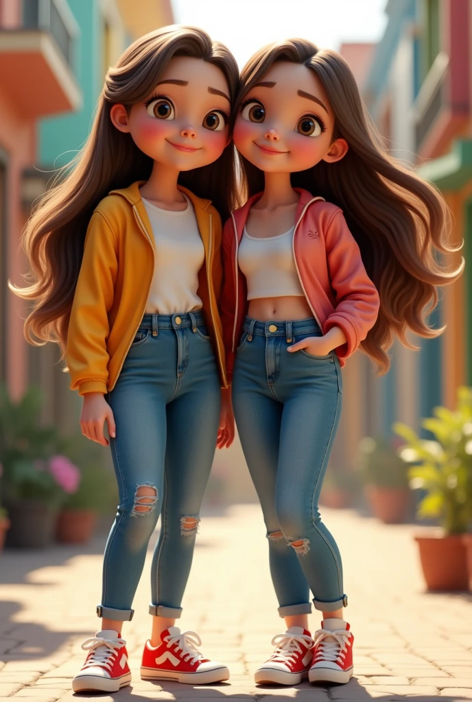 best friends robust white skin long brown hair,with jins and white pixar style sneakers