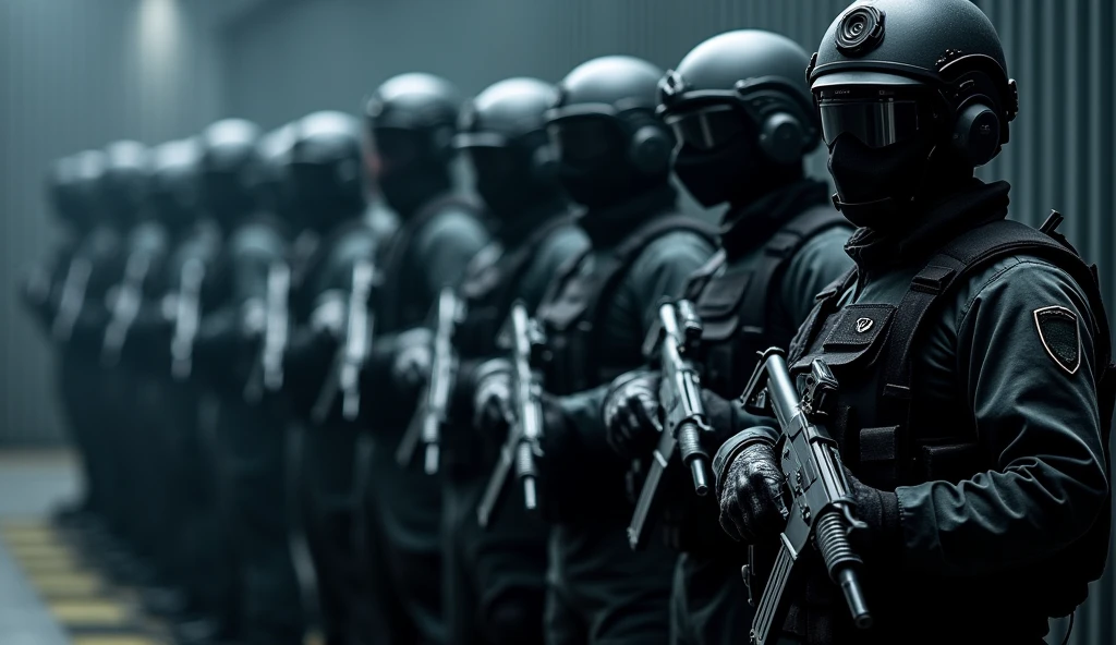 high quality photograph of a team of special forces operatives in full tactical gear, standing in formation, ready for action. The atmosphere is dark and intense, with shadows and deep, muted tones setting the scene. Their faces are obscured by helmets and masks, while heavy body armor shields their frames. Each team member holds a professional weapon, poised for engagement. The background is blurred, emphasizing the unity and precision of the team as they prepare for a mission. Light and shadow interplay to create a dramatic, tense atmosphere, capturing the essence of a high-stakes operation.