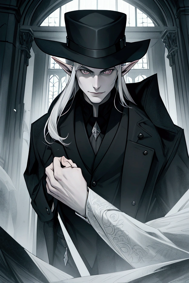 A handsome pale gray-skinned male half-elf with black hair, silver eyes, wearing a black overcoat, black investigator clothes, and a black hat