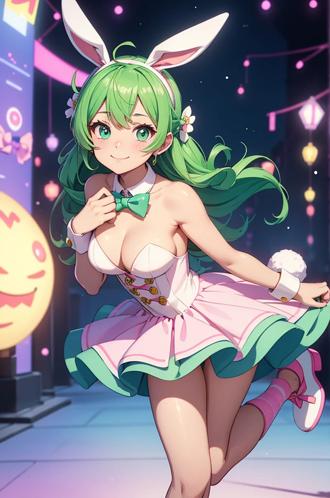 Imagine a gender-swapped Izuku Midoriya (Deku) from My Hero Academia transformed into an adorable bunny costume. Her short, green hair is styled in soft, playful curls or pinned back with bunny-themed hair accessories. Her bright, determined eyes are framed by the playful bunny costume, which adds a touch of charm and whimsy to her look.
She is dressed in a cute bunny-themed costume with the following features:
Costume: A snug, white or pastel pink bodysuit made from a soft, plush fabric. The bodysuit features a classic bunny design with a sweetheart neckline and a fluffy, white bunny tail attached to the back. The outfit is tailored to highlight her figure while maintaining a playful and adorable look.
Hood: The costume includes a hood with oversized, floppy bunny ears that stand upright or droop slightly for a cute effect. The inside of the ears is lined with a contrasting color, such as light pink or white, to add visual interest and enhance the overall design.
Details: The bodysuit may feature small, embroidered details such as a bunny nose and whiskers on the chest, and a bowtie or small collar to add a touch of elegance. The costume could also have soft, pastel-colored accents or patterns that complement the bunny theme.
Footwear: She wears matching bunny-themed slippers or booties with cute paw prints or bunny faces. The slippers are soft and plush, designed for comfort and to complete the whimsical look.
Accessories: A small bunny-themed headband or hair clip may be added, featuring additional decorative elements like tiny bunny ears or a cute bow.
Additional Details:
Pose: Deku’s pose is playful and engaging, perhaps with one hand adjusting her bunny ears or giving a cheerful, confident smile. Her stance is lively and charming, capturing the fun and playful spirit of the costume.
Background: The setting could be a whimsical, pastel-colored room or a playful party scene with soft, colorful lighting and bunny-themed decorations. The background enhances the