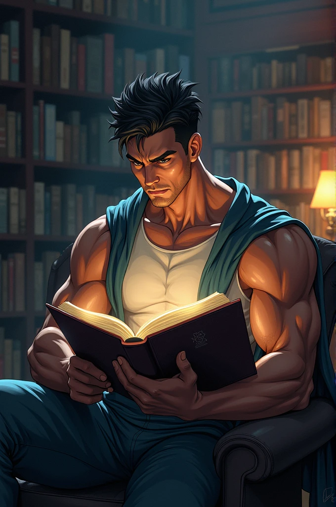 Create an anime style hero with muscle reading a book
