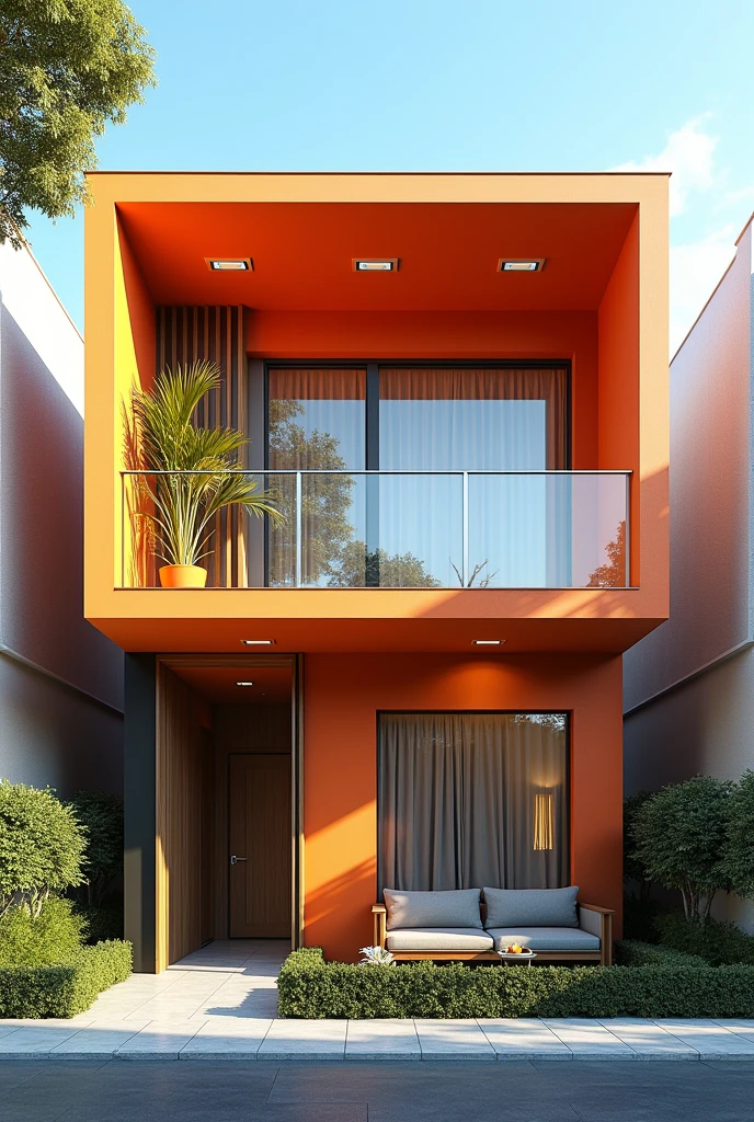 duplex moderne avec un seul etage construit sur 10m de large . avec un balcon et une façade avec des disingne realiste. avec de belle couleur . avec le soleil a midi