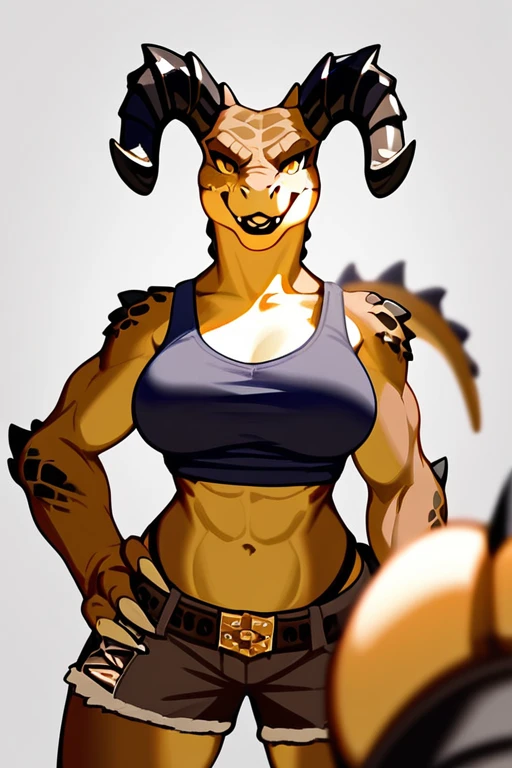 (((Masterpiece))), ((4k)), (best body), Solo, score_9,score_8_up,score_7_up, kemono style, Anthro deathclaw from fallout, Anthro reptile girl, snout, green scaled skin, gold eyes, black lips, black horns, black ram horns, athletic body, smiling, wearing brown laced tank top, pov, pov she is holding viewers face, pov she is holding viewer, simple grey background 