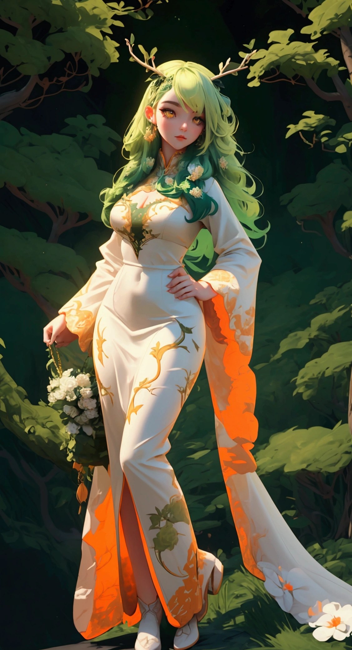 envision a 8k, highres, cinematic, beautiful full body design sheet of a soft curvy Kirin girl named Ceres Fauna with long green hair, deer antlers, Orange eyes, in a white nature dress, surrounded by nature wrapped in vines against a dark gray background