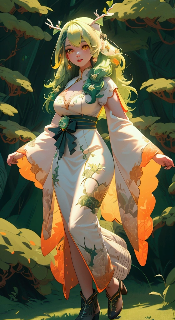 envision a 8k, highres, cinematic, beautiful full body design sheet of a soft curvy Kirin girl named Ceres Fauna with long green hair, deer antlers, Orange eyes, in a white nature dress, surrounded by nature wrapped in vines against a dark gray background