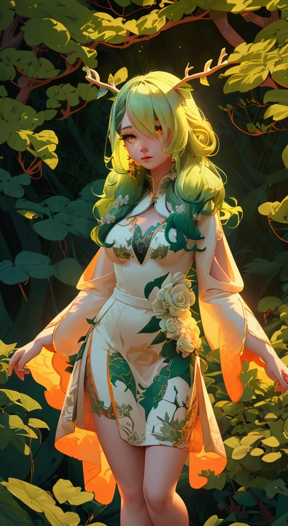 envision a 8k, highres, cinematic, beautiful full body design sheet of a soft curvy Kirin girl named Ceres Fauna with long green hair, deer antlers, Orange eyes, in a white nature dress, surrounded by nature wrapped in vines against a dark gray background