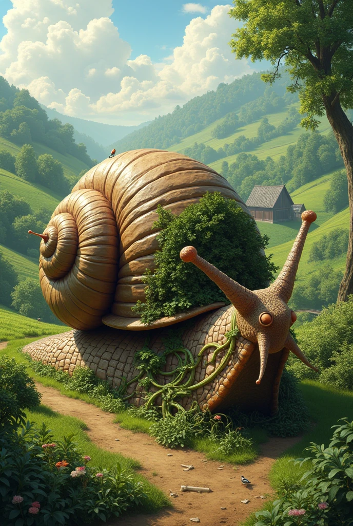 Please create picture of a very big snail setting trap for  thieves in a farm