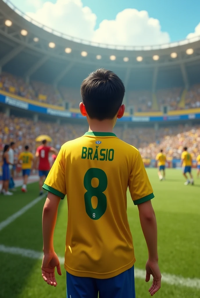 creates an image of a boy from behind with straight straight black hair, with the Brazilian team shirt with the name "cuidado e não se apaixona bebê" and the number 8 and the boy walks around the stadium (realistic style, and better quality) (Josué: adult, 1 ,74)