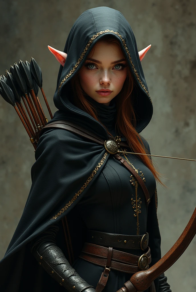 Draw a female half-elf with white skin, little elf ears, chestnut hair, eyes black, very dark eyes, black eyes, very dark eyes, wearing a black cloak with gold details and a built-in hood holding a crossbow in his hands and a quiver on his back with a handful of arrows.