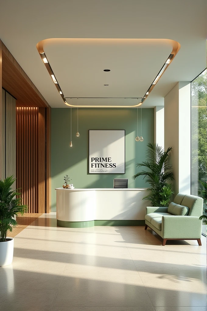 Give me a reception area design for a gym called prime fitness my logo is white and green i have small area