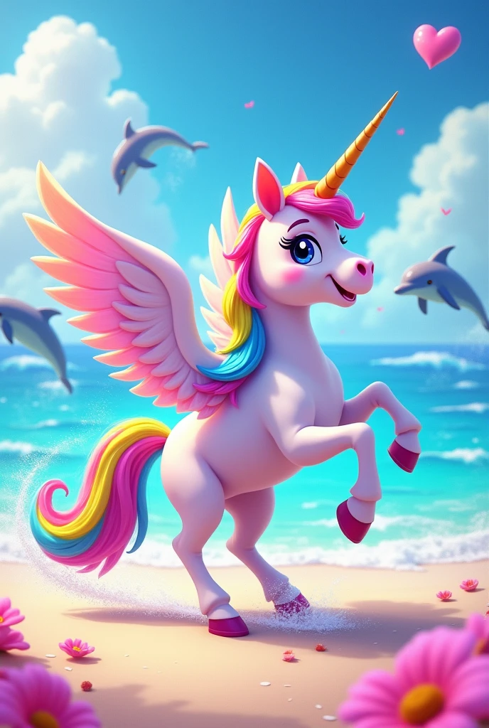 Generates a unicorn with wings neighing on a beach with pink tones With dolphins in the background more animated and happy cartoon style 