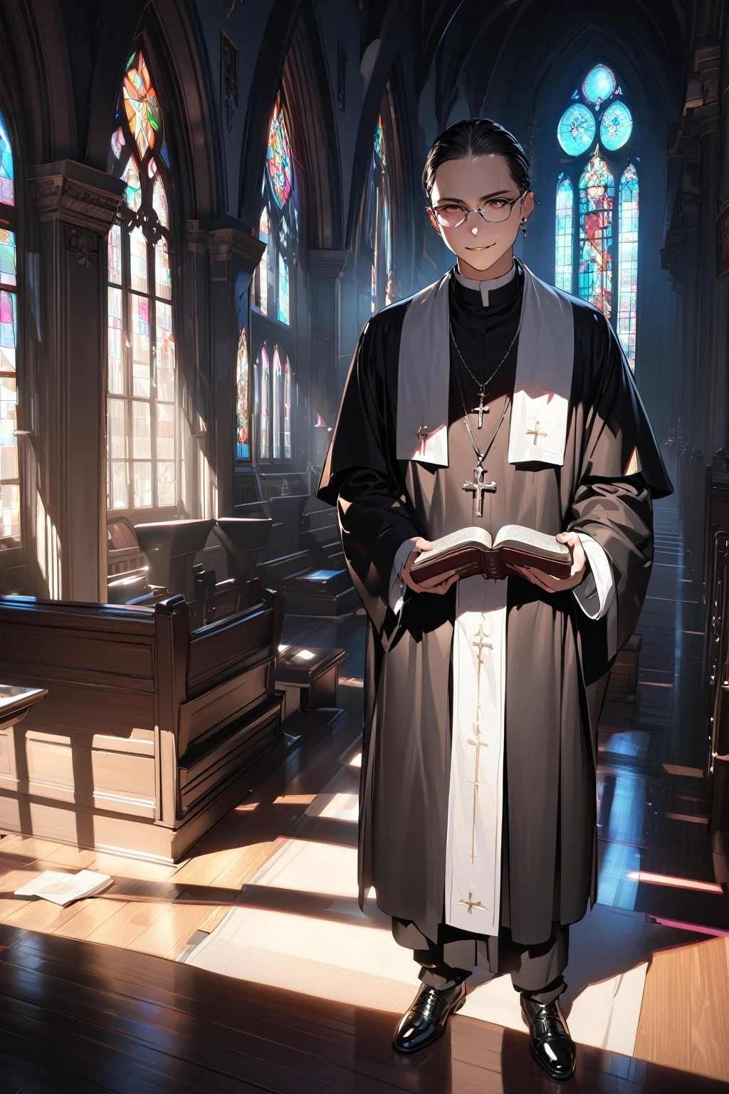 A young man, with piercing eyes looking into the camera, a perfectly sculpted body, (a priest, dressed in black, wearing glasses, holding a Bible, wearing a cross necklace, an evil smile), in a church, with dramatic shadows, rendered using ray tracing, a portrait, (a masterpiece, high resolution, ultra-detailed:1.0).