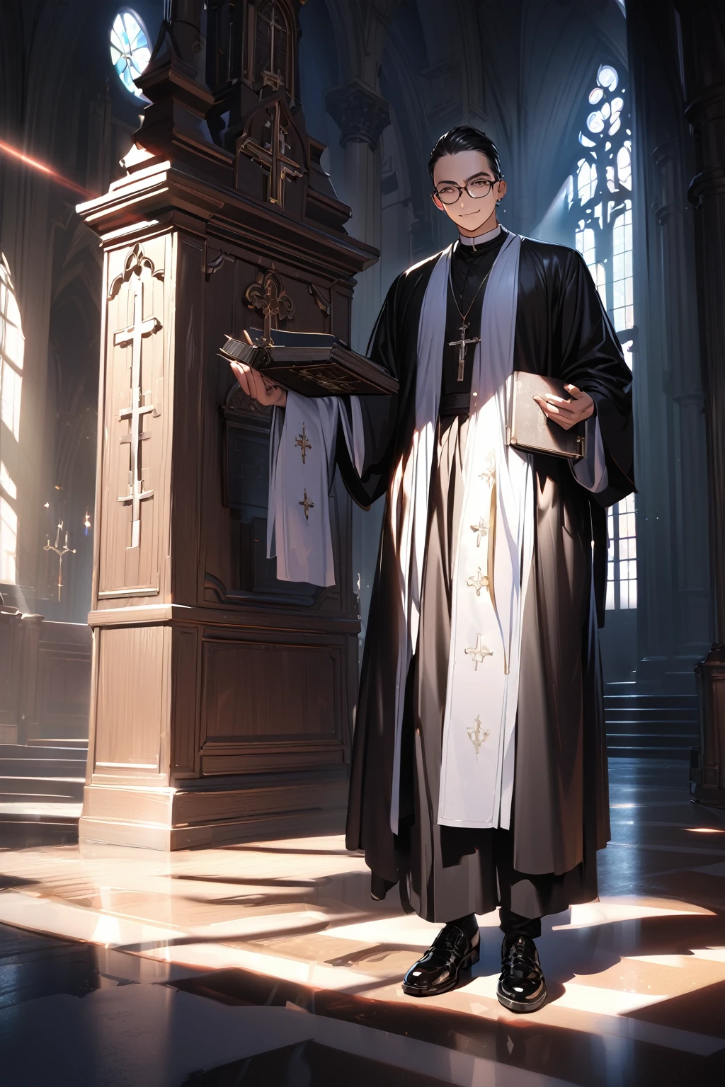 A young man, with piercing eyes looking into the camera, a perfectly sculpted body, (a priest, dressed in black, wearing glasses, holding a Bible, wearing a cross necklace, an evil smile), in a church, with dramatic shadows, rendered using ray tracing, a portrait, (a masterpiece, high resolution, ultra-detailed:1.0).