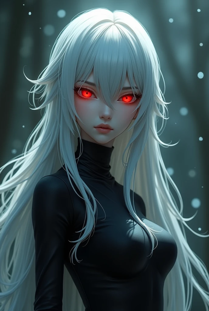 tall woman with long white hair, with red anime style eyes