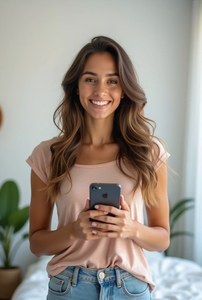 4K, ultra realistic, A Brazilian woman, pretty, attractive smile, wearing casual clothes, homeoffice, working, white background, holding smartphone, photoshoot in a photo studio.