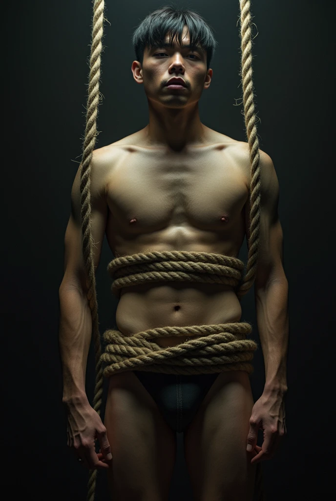 1boy、Handsome Men、Japanese male, 、Completely naked、Full nudity、erection、Huge penis、Slim body、Highest quality、Realistic、beautiful、Sad look、 ((((Completely tied up with rope)))), ((((A very tight rope is crisscrossed over the chest)))),(((Body bound with tight rope)))、whole body、surrounded by men in suits、night、Dim lighting、darkness、Blowjob