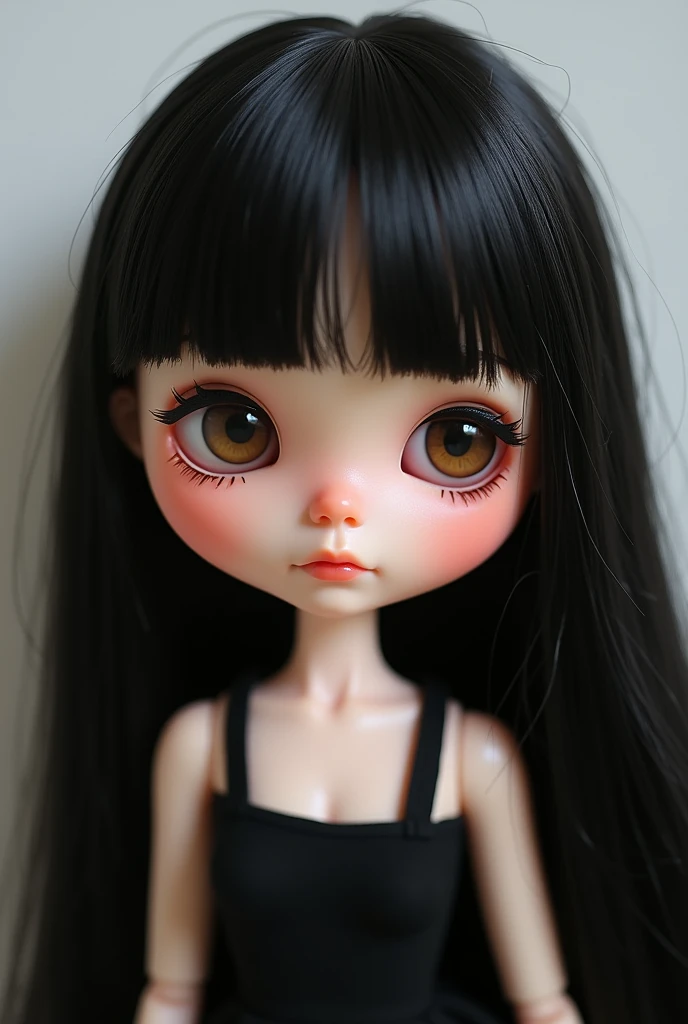 Blythe doll with slightly slanted brown eyes, long black hair without bangs  and small amount of hair, light skin but not too much  and a face with cheeks ,pointed nose and a black tank top 