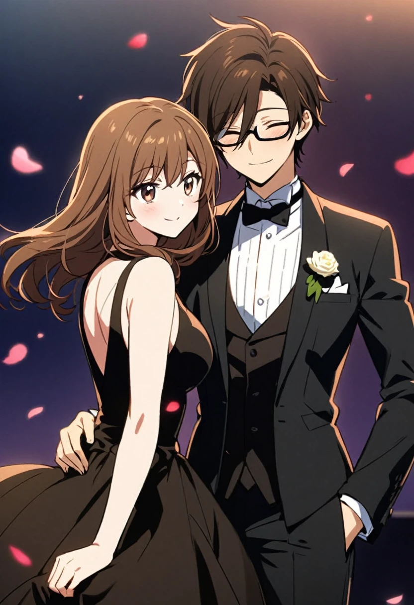 anime, two people, one beautiful female with long brown hair and no glasses and big breast in a beautiful black sleeveless dress, the other person is a male with short dark brown hair and black rimmed glasses in a tuxedo, they are boyfriend and girlfriend, lovers, smiling 