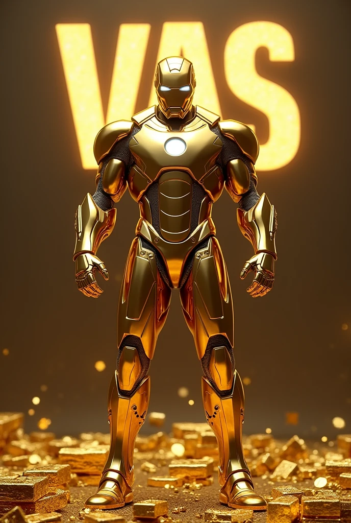 Golden iron man with the name VAS in the background and gold bars in the background