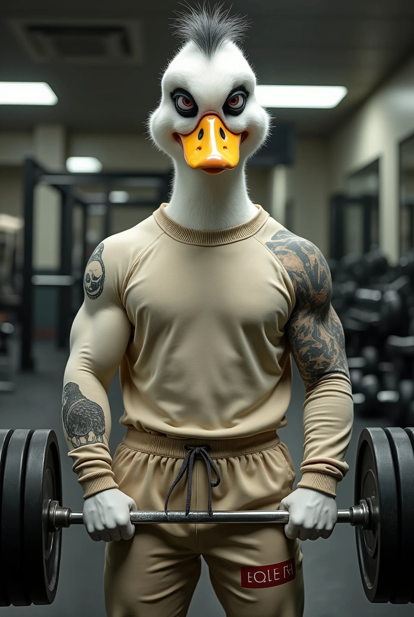 Full body image of ridiculous white duck with nasty and unfriendly face, with makeup. Very very short dark gray hair. Tattooed and muscular, wearing a beige sweatshirt and beige long-sleeved sports pants. Lifting weights in a GYM.