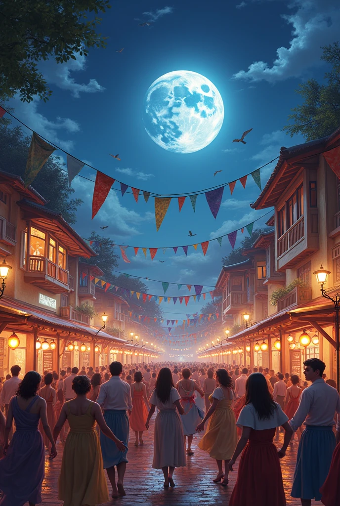 event square all decorated with June festival flags with people dancing and chatting at night with a full moon