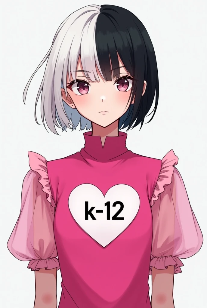 A Skin Man:Clear Eyes:brown Style:anime body:thin and tall Hair:split in half one side white and the other side black Clothes:a hot pink shirt with puff sleeves made of light pink tulle, a heart in the middle of the shirt with the writing "K- 12"