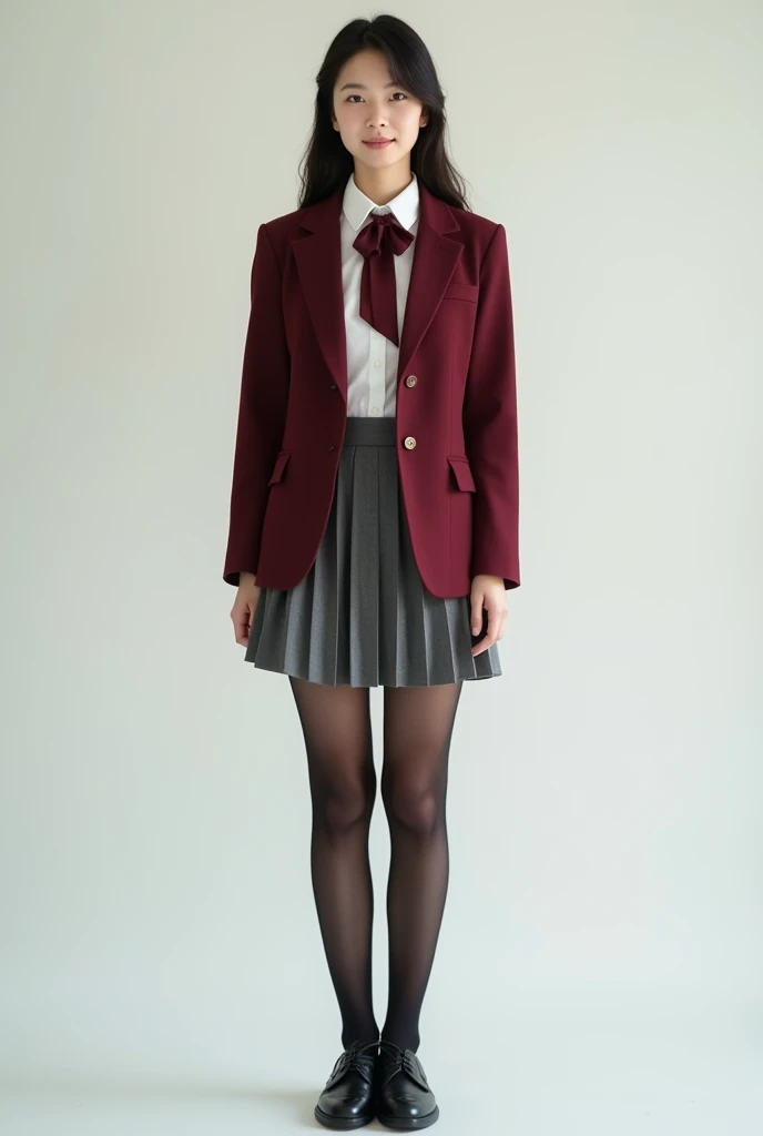 araffe asian womam, 1 female, age 18. Known for her youthful charm and unwavering determination, Her body language is as modest as her personality, always exuding a sense of innocence and resilience, ((She is dressed in a prestigious Tokyo high school uniform)), (((The uniform includes a (tailored maroon blazer with the school crest on the chest), a (maroon necktie), (a white blouse) with a Peter Pan collar underneath that compliment her natural E-cup breasts, a (pleated grey skirt) that emphasizing her figure))), (((She enhances her look with Sheer black stockings and black leather oxford shoes))), carrying her ensemble with an air of subtle confidence. Her accessories are minimal, reflecting her simple lifestyle at this age. ((intricate detail)), super finely detailed hands, ultra finely detailed fingers(((ten fingers))), (standing confidently), (full body showcase), (show full body), (no logos on background), (no logo), ((plain background)), ((plain background)), (((empty background))).