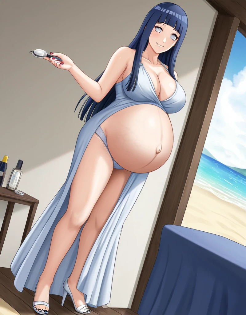 HYUUGAHIN, LIGHT GRAY TOP, "BLACK LONG HAIR", BLUE EYES, 1GIRL, BLUNT BANGS, Hinata Hyuga, Naruto: The Last, long indigo hair, straight hair, soft bangs, pale lavender eyes, mature, refined, elegant,
high-quality, ultra-detailed, beast quality, 8K resolution, anime style, beach,
looking at viewer, dutch angle, cowboy shot, smile, pregnant belly, large belly, big belly, big Breasts, belly button, dress, panties,
1girl,solo, indoors, happy, Smiling, rub belly,
full body, Nail polish, Heels