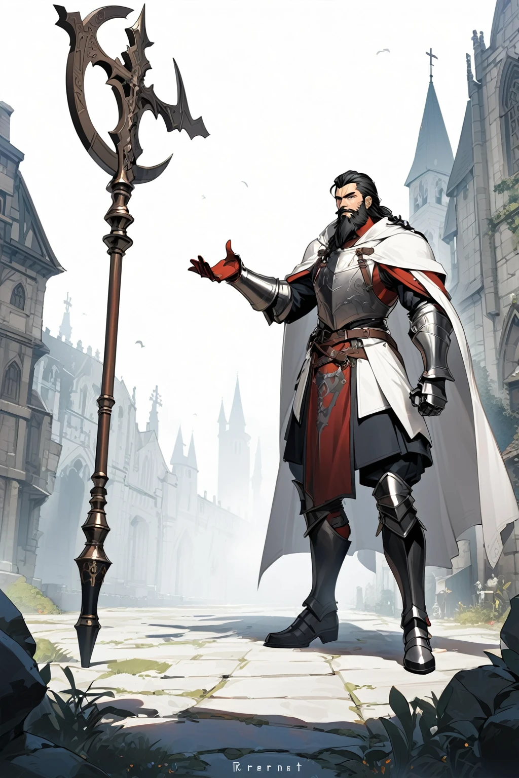 one man, 50 year old merchant with a full beard, black hair, black beard, with white cloak, In full medieval plate armor, white cloak, vampire hunter d style, flat, 2D, full body shot, catholic, cool pose, gauntlet, medieval staff,full body,whole body,merchant,