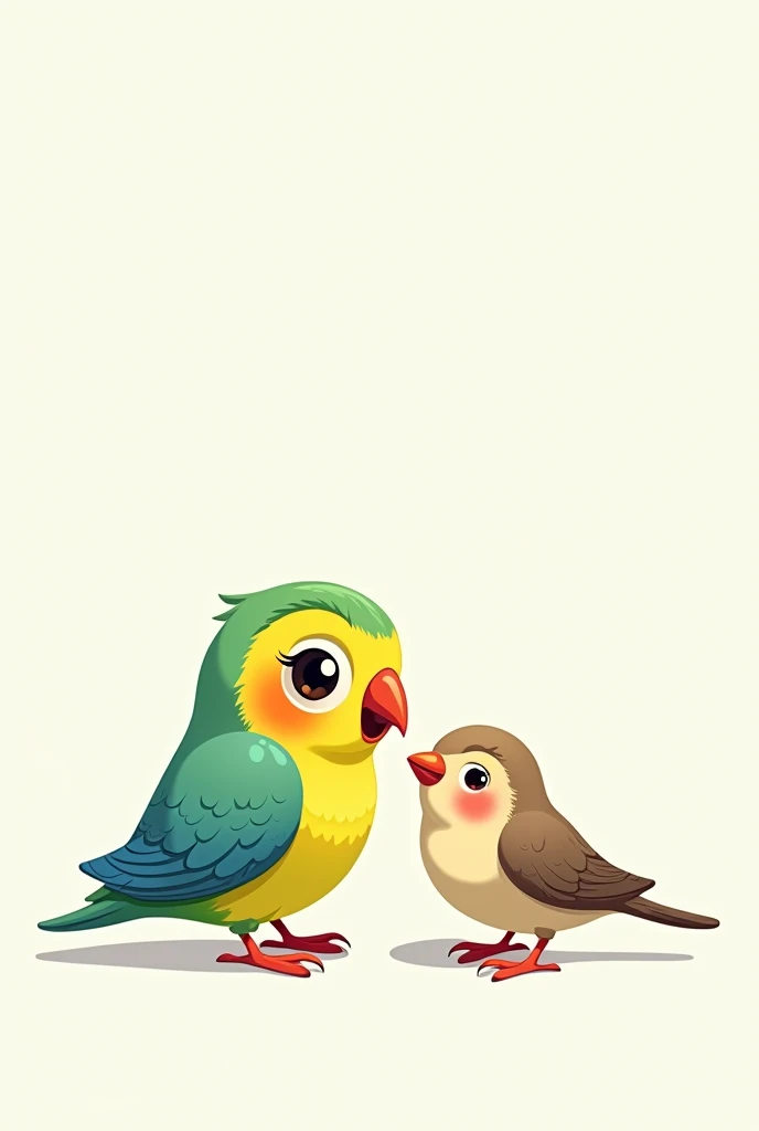 A cartoon parakeet with a sparrow looking forward White background 