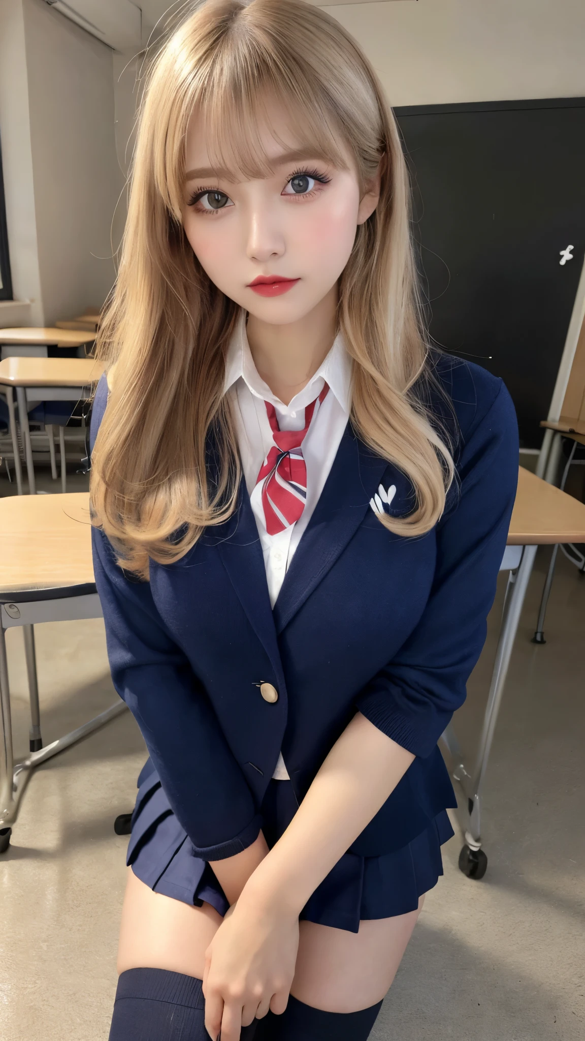 High resolution、Blonde Hair，Light Hair Color、Beautiful eyelashes、20-year-old、Highest quality、Very detailed、Finer details、8k、Beautiful eyes in every detail、Natural lip color、Long Hair、straight hair、Cute face、Large Breasts，Big eyes，looking at viewer、Beautiful feet, Standing posture、Model body type、sexy、school uniform、Navy blue blazer、mini skirt、Knee-high socks、School、classroom