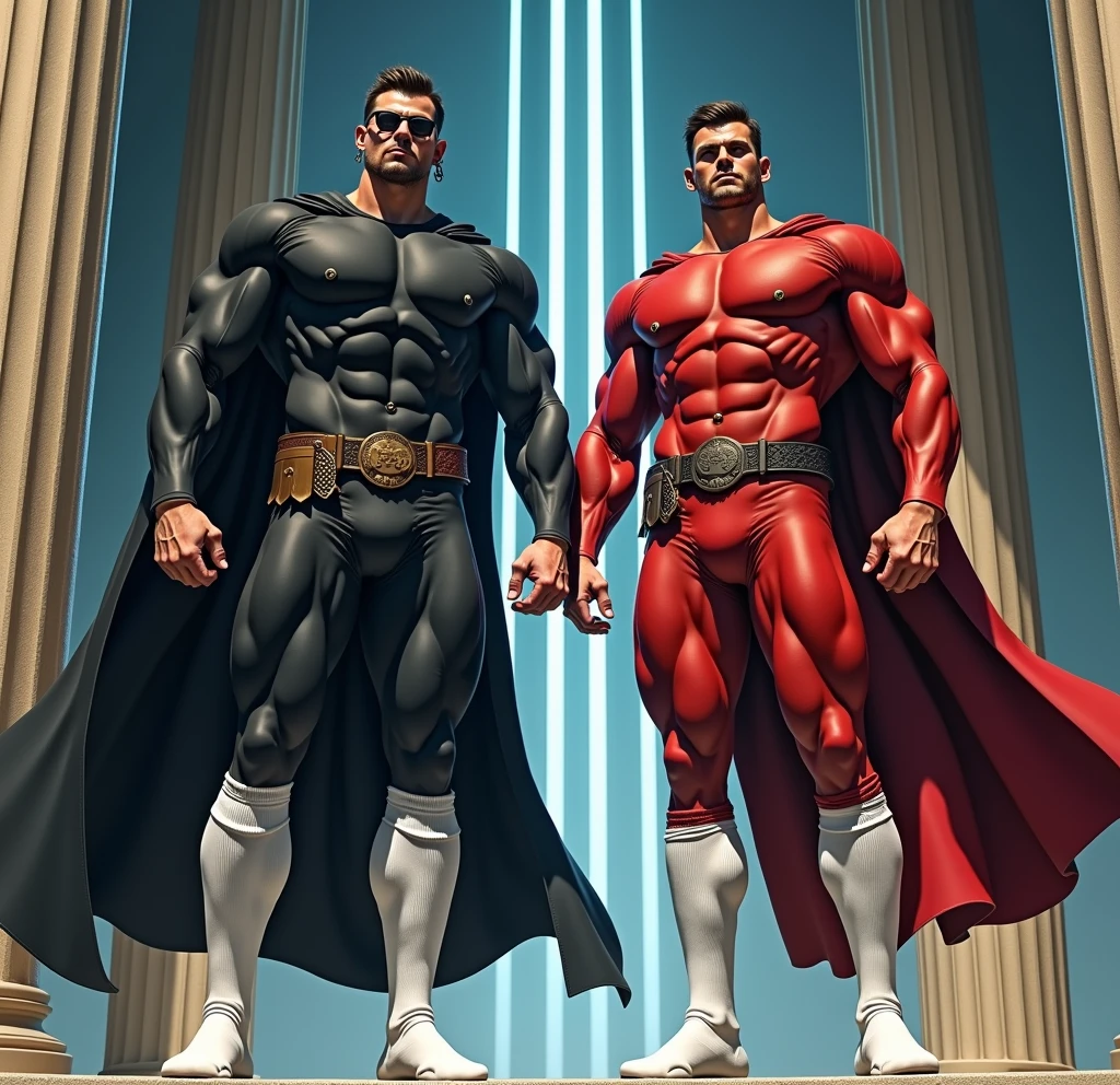 Two incredibly muscular men standing, next to each other, in a powerful and imposing pose. The man on the left is taller and slightly more muscular., He is clean shaven and wearing a black spandex suit that highlights his enormous physique., white thigh high soccer socks, a loose black cloak, round glasses and earrings.The man on the right, equally muscular, He wears a similar suit but in a vibrant red, also combined with white thigh-high football socks. Their bodies are symmetrical and perfectly defined., showing their strength and unity. The background is a majestic and otherworldly temple.