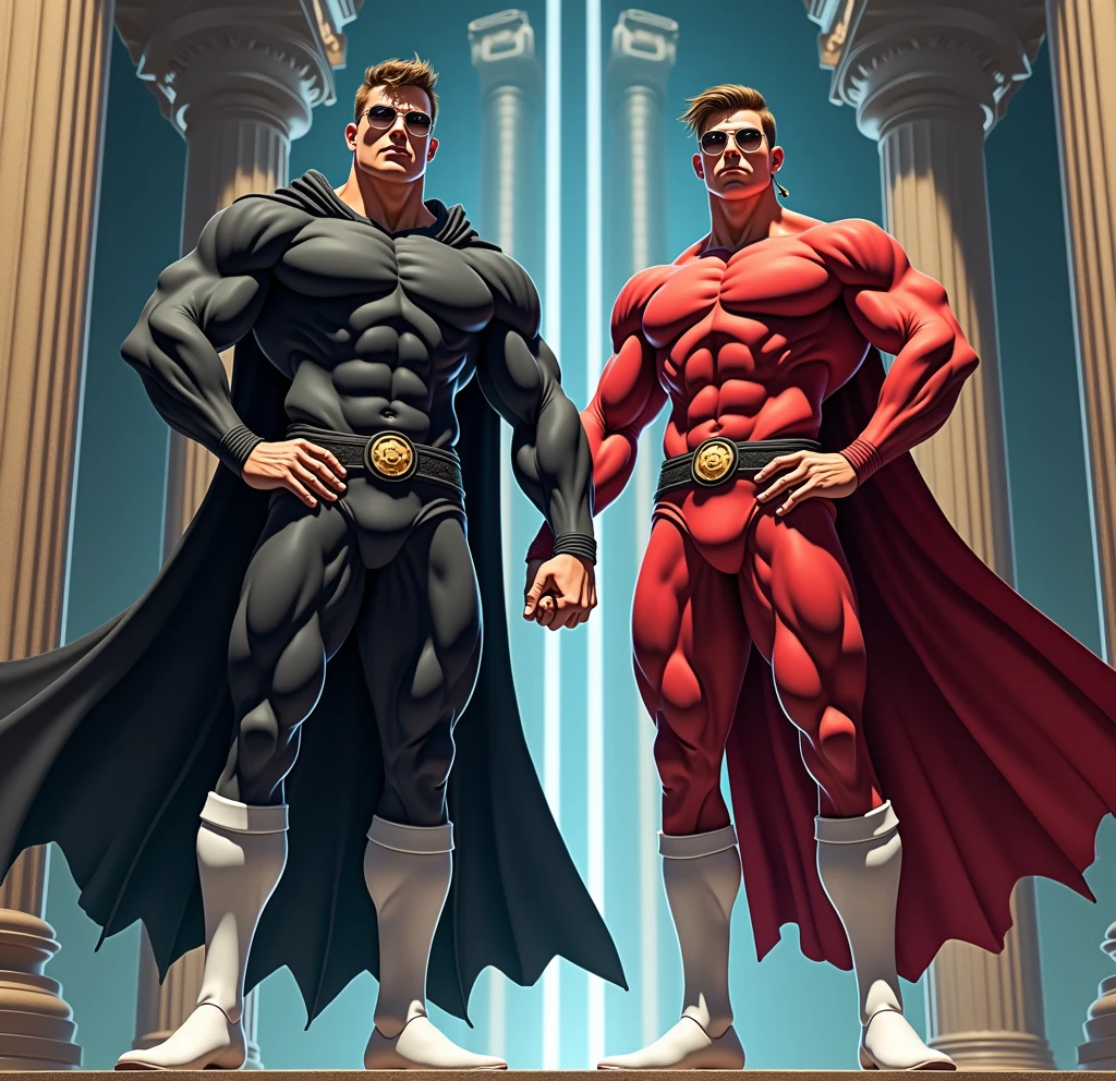 Two incredibly muscular men standing, next to each other, in a powerful and imposing pose. The man on the left is taller and slightly more muscular., He is clean shaven and wearing a black spandex suit that highlights his enormous physique., white thigh high soccer socks, a loose black cloak, round glasses and earrings.The man on the right, equally muscular, He wears a similar suit but in a vibrant red, also combined with white thigh-high football socks. Their bodies are symmetrical and perfectly defined., showing their strength and unity. The background is a majestic and otherworldly temple.