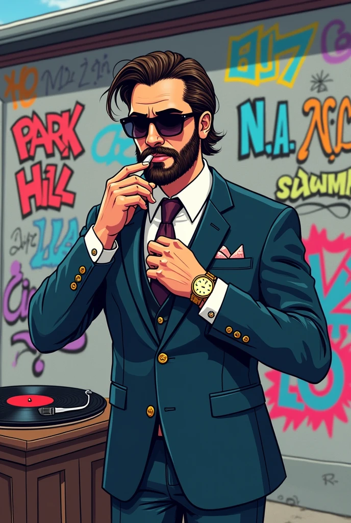 a gentleman in a noble suit wearing sunglasses, has a gold watch on his wrist, smoking a blunt, who has a well-groomed beard, beautiful hair combed back and he should not have a braid, and a shawm record plays on the shawm record player. The picture should represent a funny cartoon from the 80s the background should be a grey house wall with various graffiti Park Hill, 187, n.W.a, in different colors