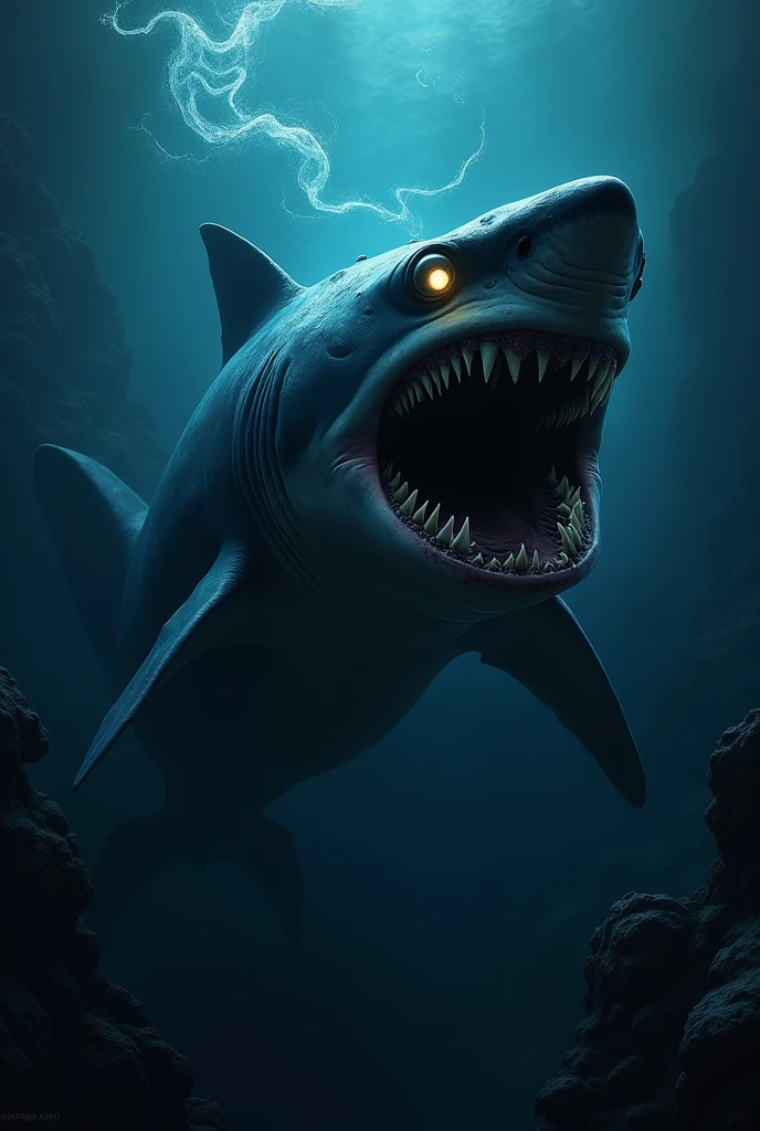 An abyssal shark with luminescent eyes and gigantic fangs"** : A shark swimming in the dark depths of the ocean, with glowing eyes piercing the darkness, his sharp fangs ready to devour, and an imposing silhouette that inspires fear.